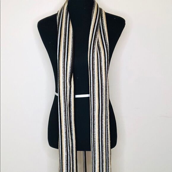 Cejon Knit Striped Scarf with Fringe Black Brown - Picture 4 of 10
